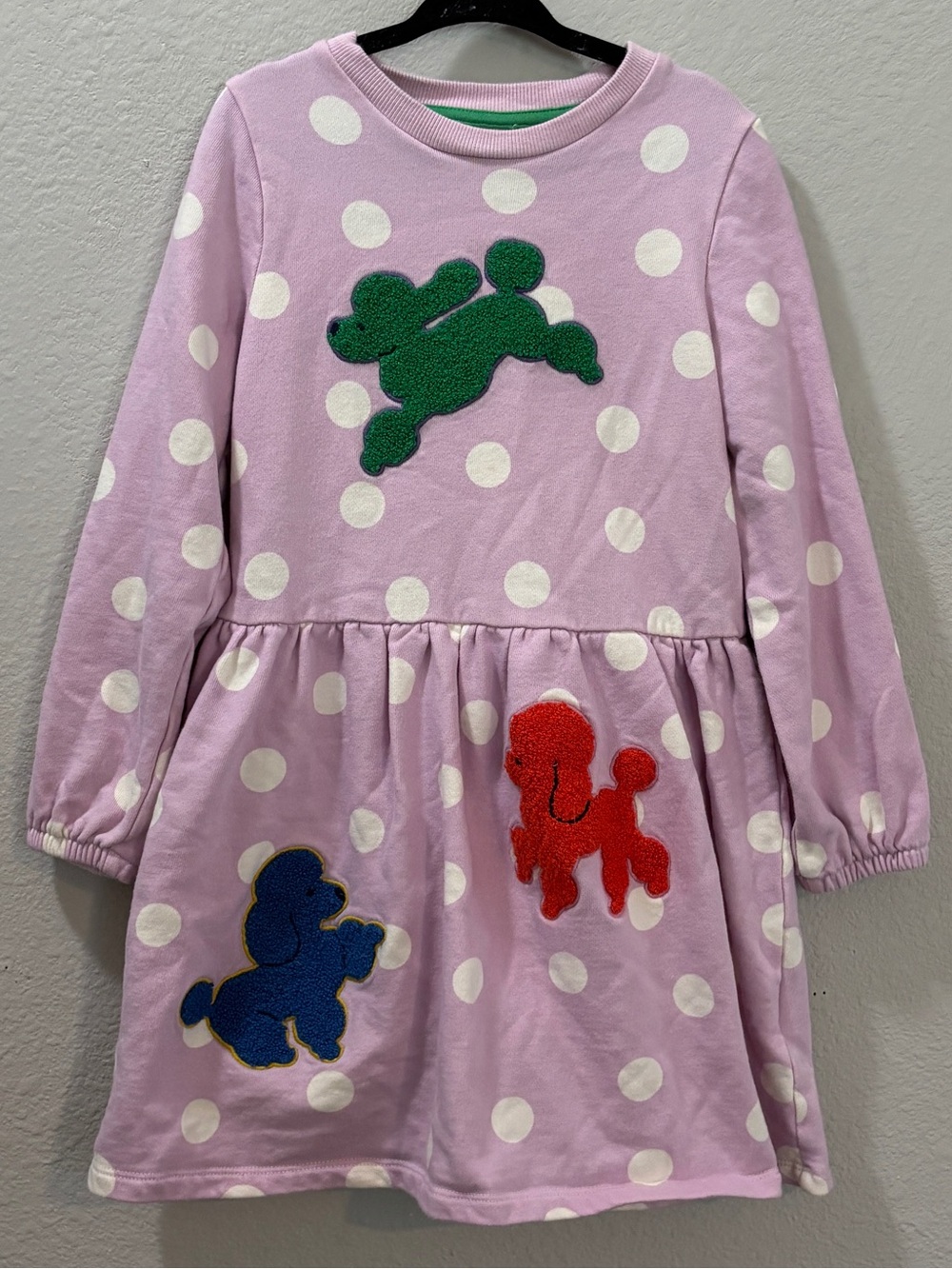 Mini Boden Girls Purple Polka Dot Poodle Appliqué Sweatshirt Dress 6-7Y